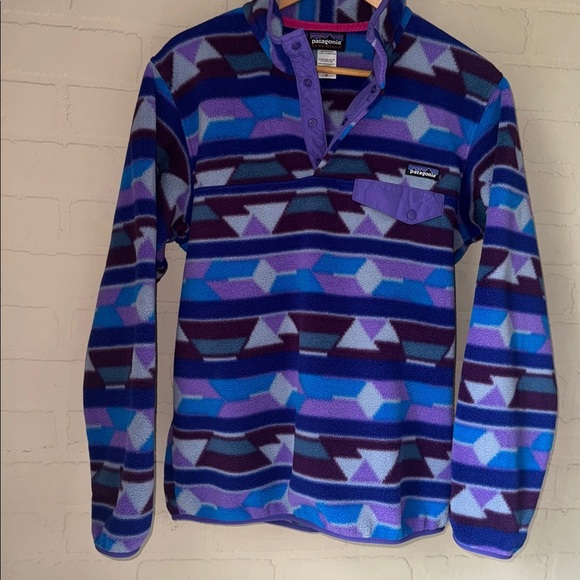 Patagonia Fleece Jacket Women M Purple Blue Synchilla Snap-T Aztec Geometric - Picture 2 of 5